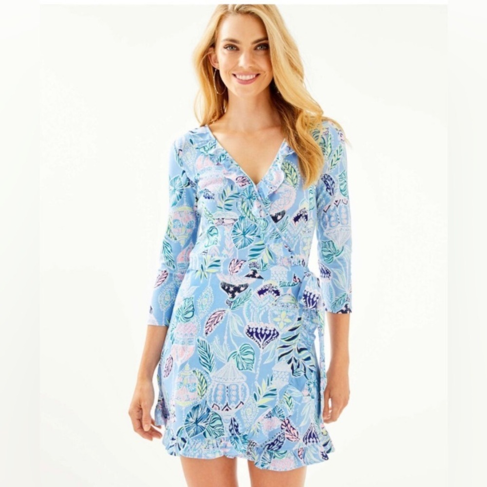 Lilly Pulitzer Jessalynne Wrap Romper Blue Peri Lapis lanterns Medium NWT